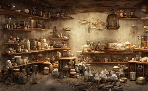 An Herbalist Shop A Wood Counter And Cabinets In The Stable Diffusion