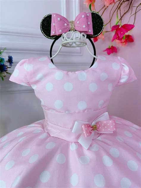 Vestido Infantil Rosa Bolinhas Minnie Laço na Cintura Elo7