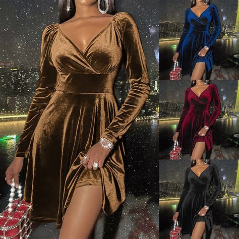 Womens Sexy V Neck Glitter Velvet Party Dresses Ladies Autumn Elegant Long Sleeve Solid Mini