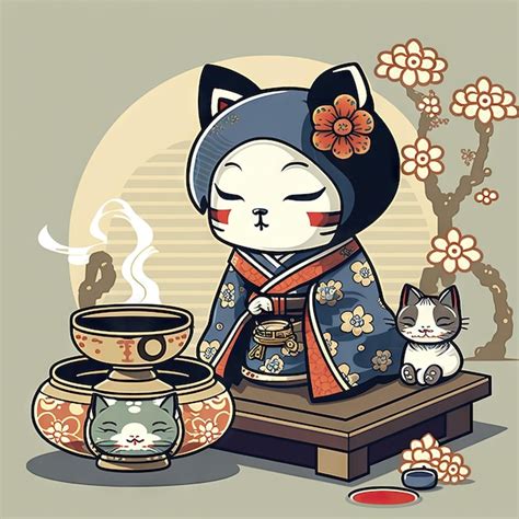 Chibi Chat Geisha à La Cérémonie Du Thé Ai Généré Chaton Asiatique En