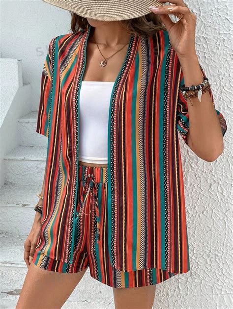 Shein Vcay Striped Print Drop Shoulder Kimono Tie Front Shorts