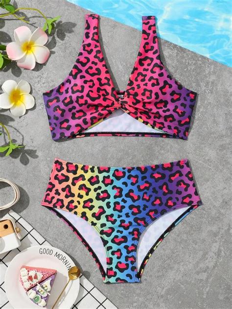 Chica preadolescente Bañador bikini con estampado de leopardo Moda de