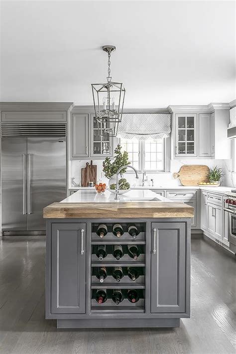 Gray Kitchen Island With Custom Wine Rack Transitional Kitchen