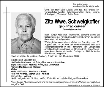 Traueranzeigen Von Zita Schweigkofler Trauer Bz