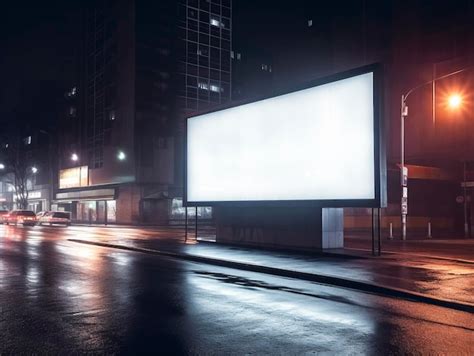 Side View Of A Blank White Advertising Billboard At Night Rainy City