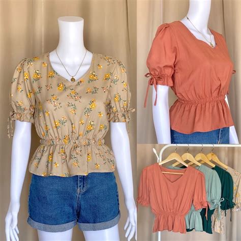 Anna Puff Sleeves With Side Ribbon Vneck Semi Croptop Blouse Korean Bkk Inspired Trendy Top