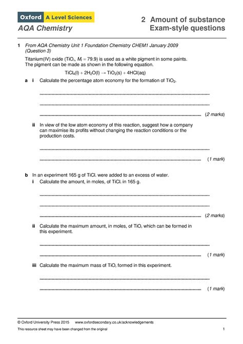 2 Exam Style Q Amount Of Substance Exam Style Questions Aqa Chemistry