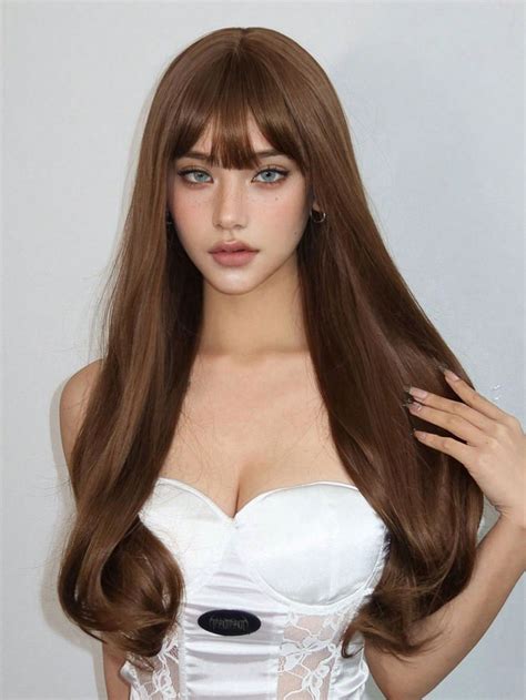 Inch Brown Long Natural Body Wave Synthetic Wig With Bangs For Women