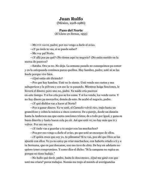 PASO DEL Norte Lectura Juan Rulfo MÈxico 1918 1986 Paso del