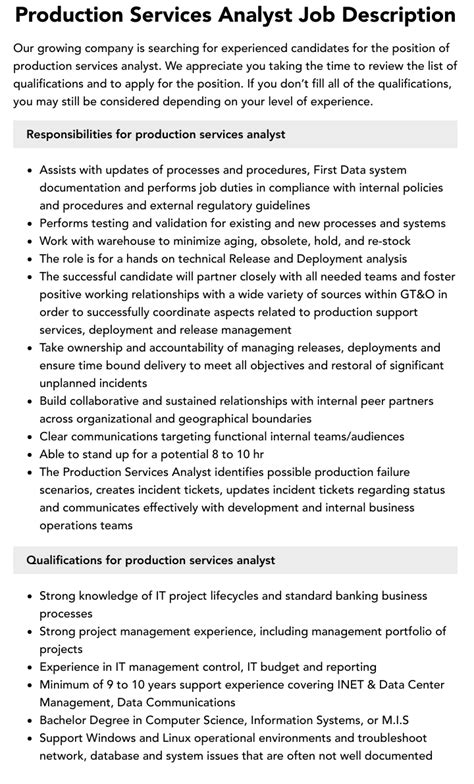 Production Services Analyst Job Description Velvet Jobs