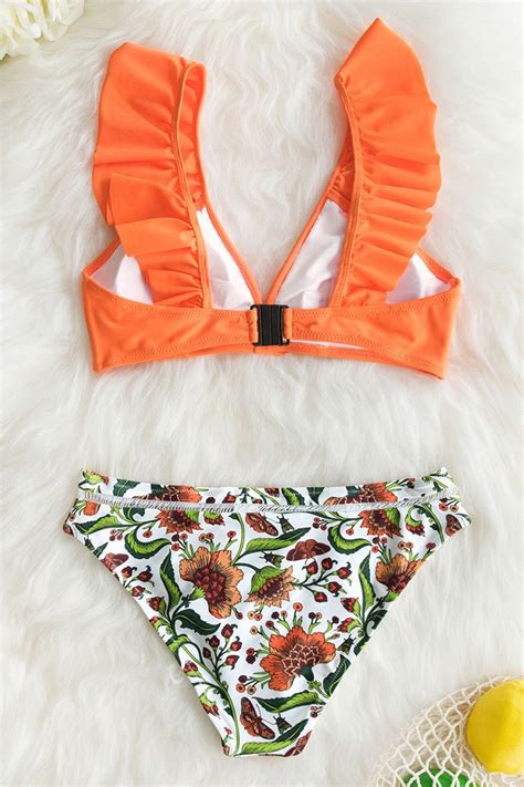 Orange Ruffle Bikini With Floral Bottom Cupshe Au