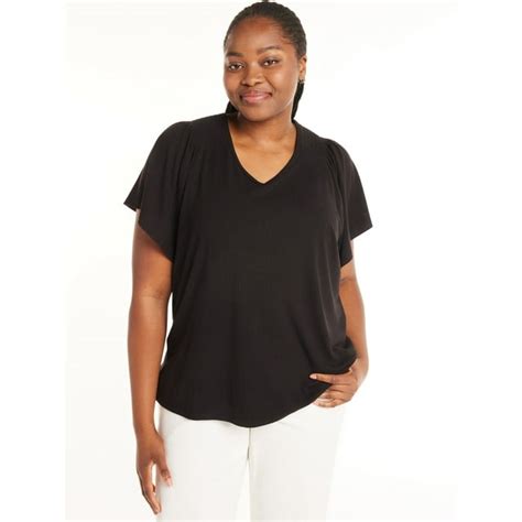 Terra And Sky Womens Plus Size Ribbed Flutter Sleeve Top Sizes 0x 5x