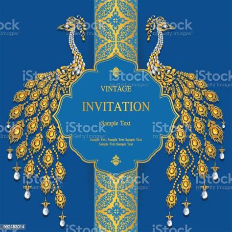 Wedding Invitation Card Templates With Gold Peacock Feathers Patterned