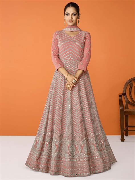 Peach Sequins Embroidered Anarkali Salwar Suit