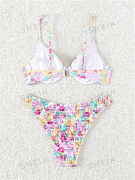 SHEIN Swim Mod Ensemble bikini à armature et smocké imprimé floral d