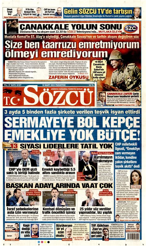 Sözcü Gazetesi Sözcü Manşet Oku Haberler 18 Mart 2024