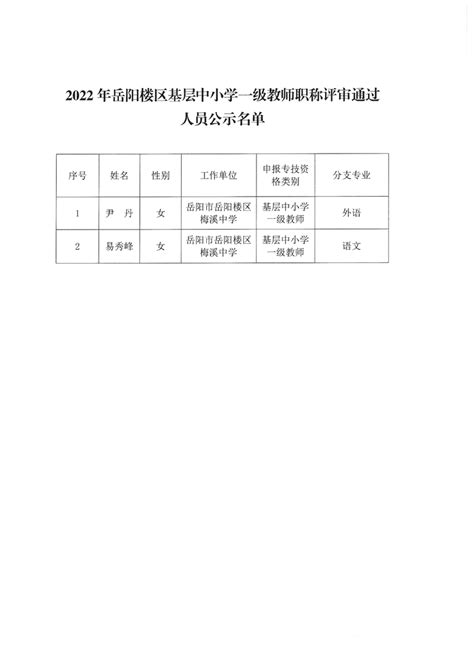 2022年度岳阳楼区基层中小学教师中级职称评审结果公示 岳阳市岳阳楼区政府门户网站