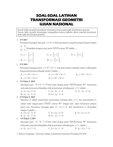 Pdf Soal Soal Latihan Transformasi Geometri · Pdf Filedilanjutkan Refleksi Terhadap Garis Y X