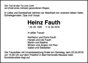 Traueranzeigen von Heinz Fauth Schwarzwälder Bote Trauer