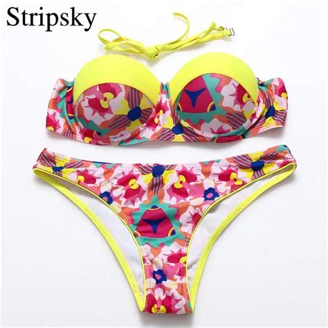 Stripsky Print Bikini Sexy Bandeau Swimsuit Push Up Swimwear Swimsuits