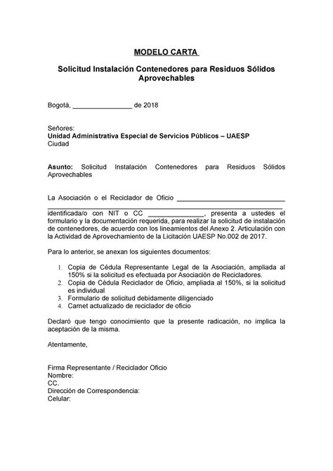 Modelo carta solicitud contenedores sociología urbana y rural UAC