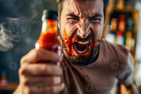 Man Holding Hot Sauce Bottle With Beard And Mustache Stock