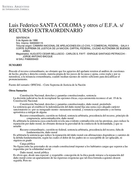 Luis Federico Santa Coloma Y Otros C E F A S Recurso Extraordinario Luis Federico Santa