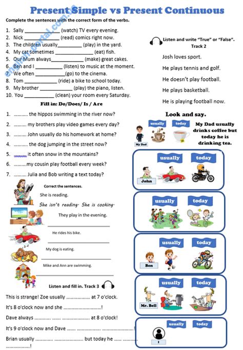 Present Simple And Continuous Exercises Elementary Continuou