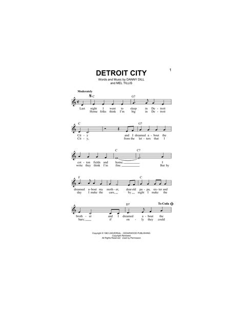 Bobby Bare 'Detroit City' Sheet Music, Chords & Lyrics | Download ...