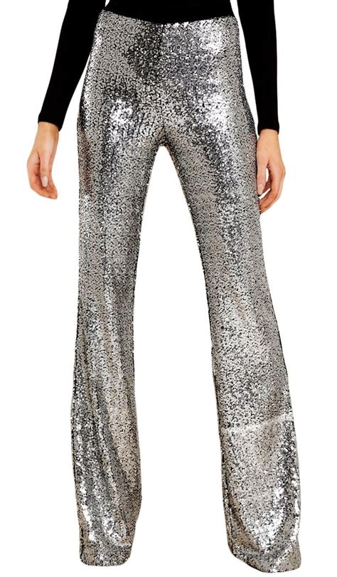 Sequins Glitter Silver High Waist Trousers Flared Pants Pu27 Flare