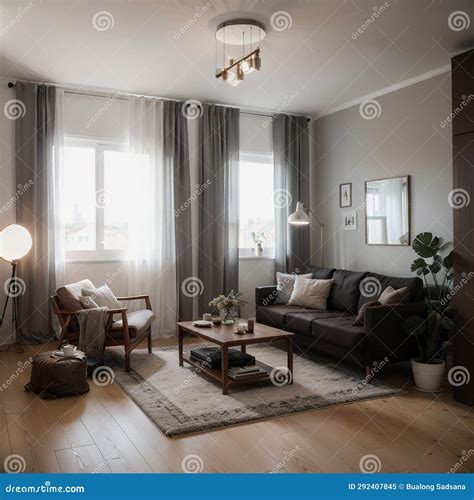 A Cosy Living Room Warm Lighting Architectural Visualization Stock