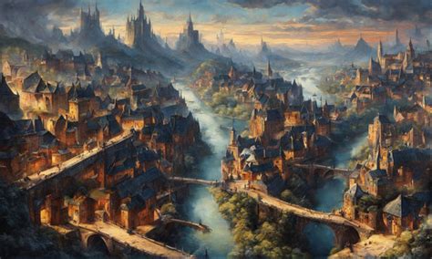 An oil painting of A medieval viking city with two massive b... by ...