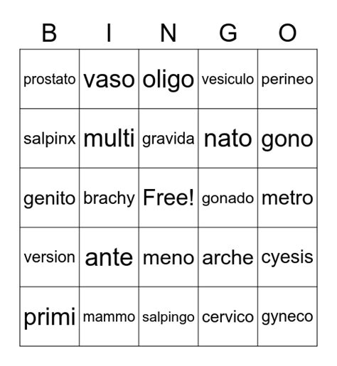 Reproductive System Bingo Card