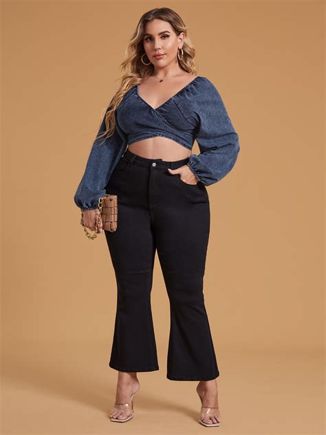 Plus Knot Back Lantern Sleeve Crop Denim Top Shein Uk