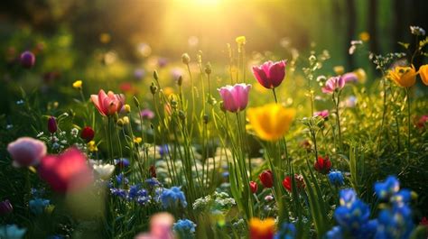 Premium Photo A Vivid Meadow Bursting With Springs Blooming Flowers