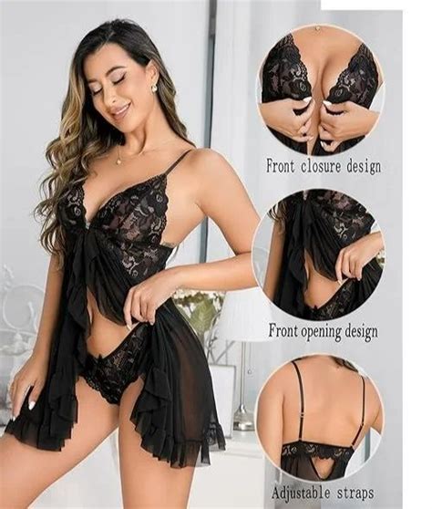 Women Lingerie Front Closure Babydoll Lace Chemise V Neck Ruffle