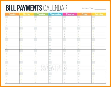 Monthly Bill Calendar Template Printable - Template Calendar Design