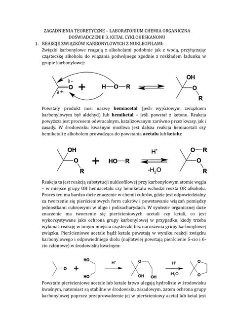 Ketal Cykloheksanonu Notatki Zagadnienia Teoretyczne Laboratorium
