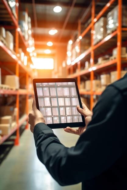 Premium Ai Image A Man Holding A Tablet Computer In A Warehouse