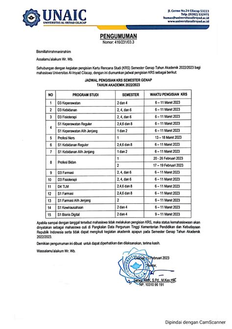 Jadwal Pengisian KRS Universitas Al Irsyad Cilacap UNAIC