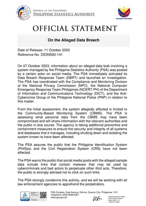 Philippine Statistics Authority Statement On Alleged Data Breach