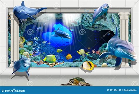 3d Underwater Living Room Wallpaper Design for Wall Decor, Underwater Fish Aquarium Illustration ...