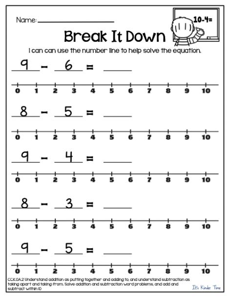 Kindergarten Worksheets Subtraction Number Line