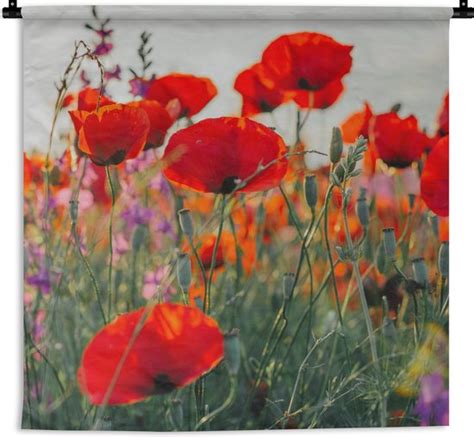 Wandkleed Wanddoek Klaproos Bloemen Rood Paars Weide