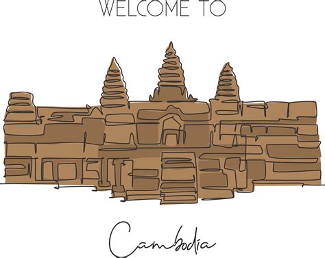 1 contínuo linha desenhando Angkor wat templos marco icônico Lugar