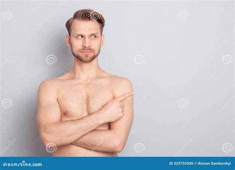 Portrait Of Nice Attractive Confident Nude Man Demonstrating Copy Blank Space Ad Advert Over