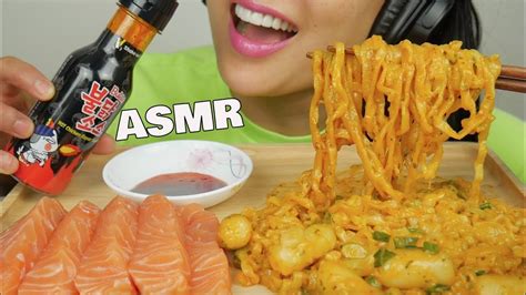 Asmr Fire Sauce Salmon Sashimi Cheesy Rice Cakes Noodles Eating Sounds No Talking Sas