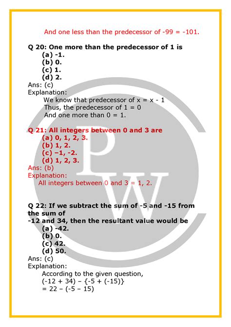 Cbse Worksheet For Class Maths Chapter Integers Pw