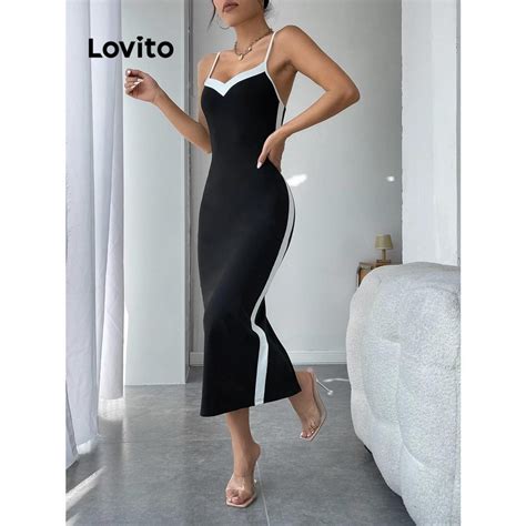 Lovito Vestido Elegante Liso Colorblock Para Mulheres Lnl71336 Shopee