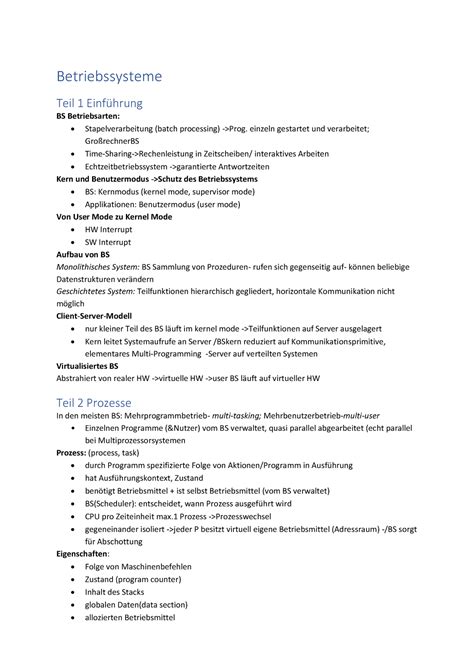 Betriebssysteme Zusammenfassung Betriebssysteme Teil 1 Einführung BS